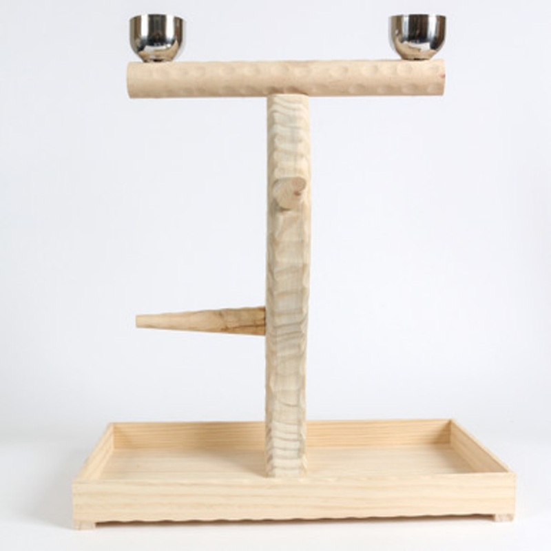 Medium Table Top Wood Parrot Stand with Feeding Bowls