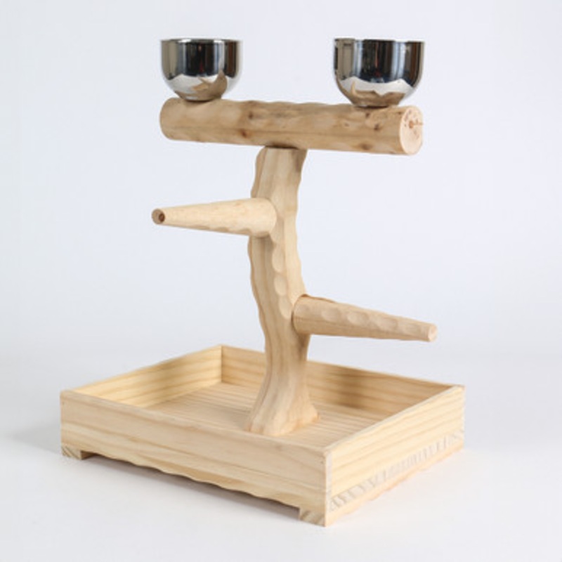 Small Table Top Wood Parrot Stand with Feeding Bowls