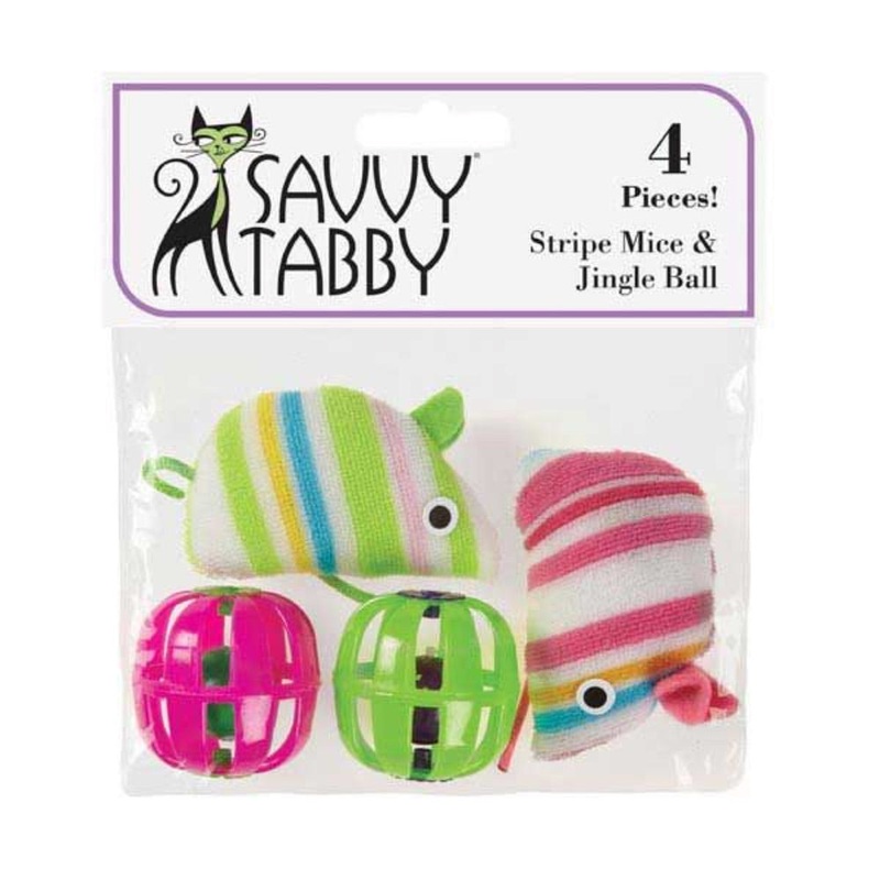 Savvy Tabby Striped Mice & Jingle Ball Toys – 4 Pk