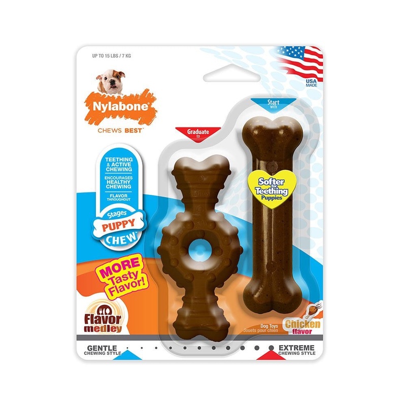 Nylabone Teething Puppy Chew Medley Flavor Ring Bone & Bone Chew Puppy Toy Twin Pack Petite