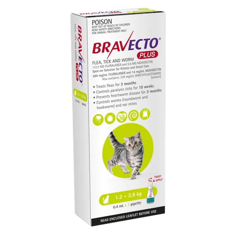Bravecto Plus Green For Cats 1.2-2.8kgs