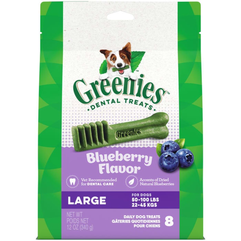 Large Natural Dog Dental Care Chews Oral Health Dog Treats Blueberry Flavor, 12 oz. Pack (8 Treats)