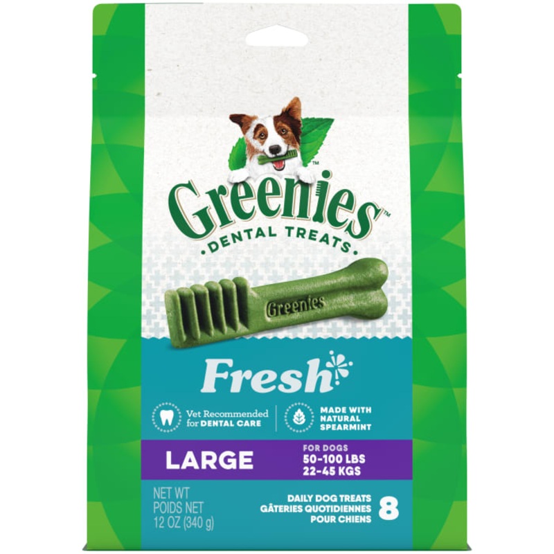 Large Natural Dog Dental Care Chews Oral Health Dog Treats Fresh Flavor, 12 oz. Pack (8 Treats)