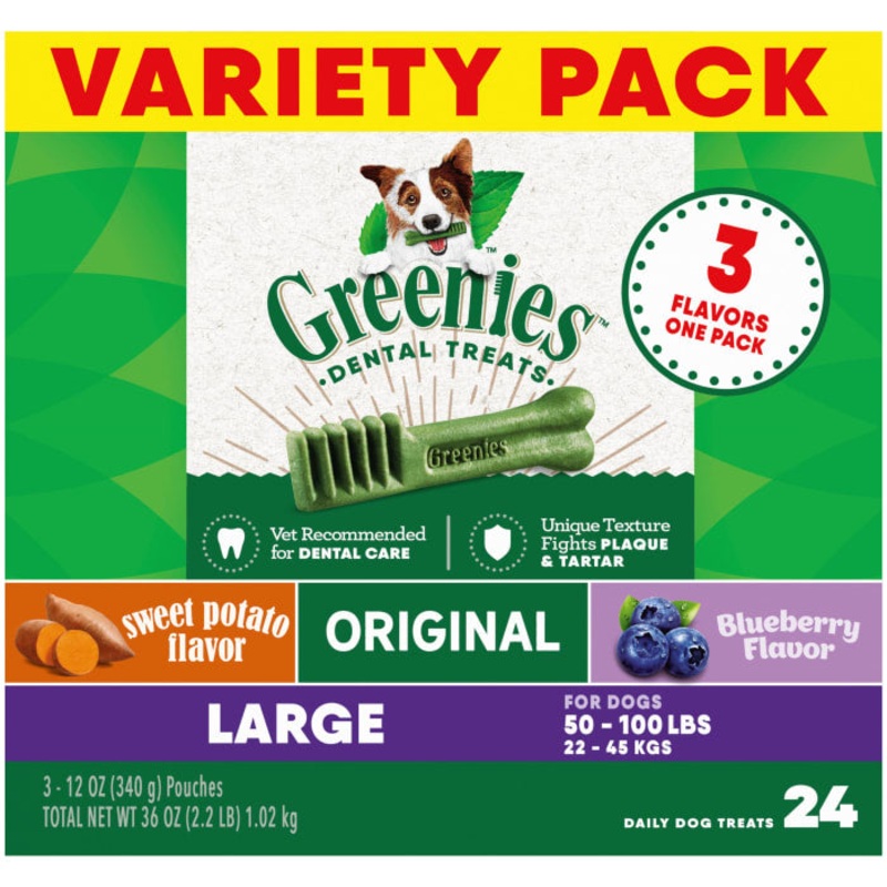 Natural Dental Care Dog Treats Large Size, 36 oz. Variety Pack, 3 Flavors