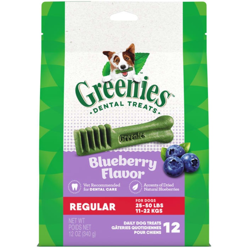 Regular Natural Dog Dental Care Chews Oral Health Dog Treats Blueberry Flavor, 12 oz. Pack (12 Treats)