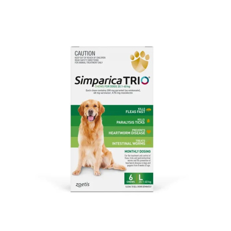 Simparica Trio Green for Dogs 20.1-40kgs (6 PACKS COME WITH 1 MONTH FREE)