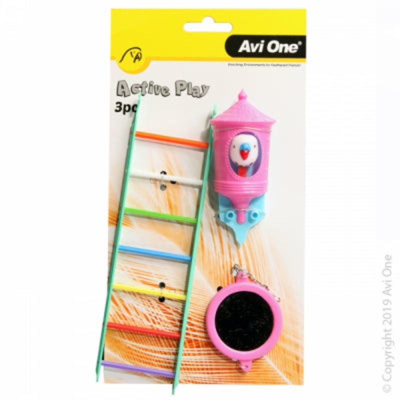 Avi One Bird Toy 3pc Multi Coloured Ladder, Cuckoo Bird Perch And Round Mirror