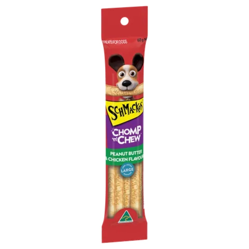 SCHMACKOS CHOMP ‘N’ CHEW DOG TREAT PEANUT BUTTER & CHICKEN 60G