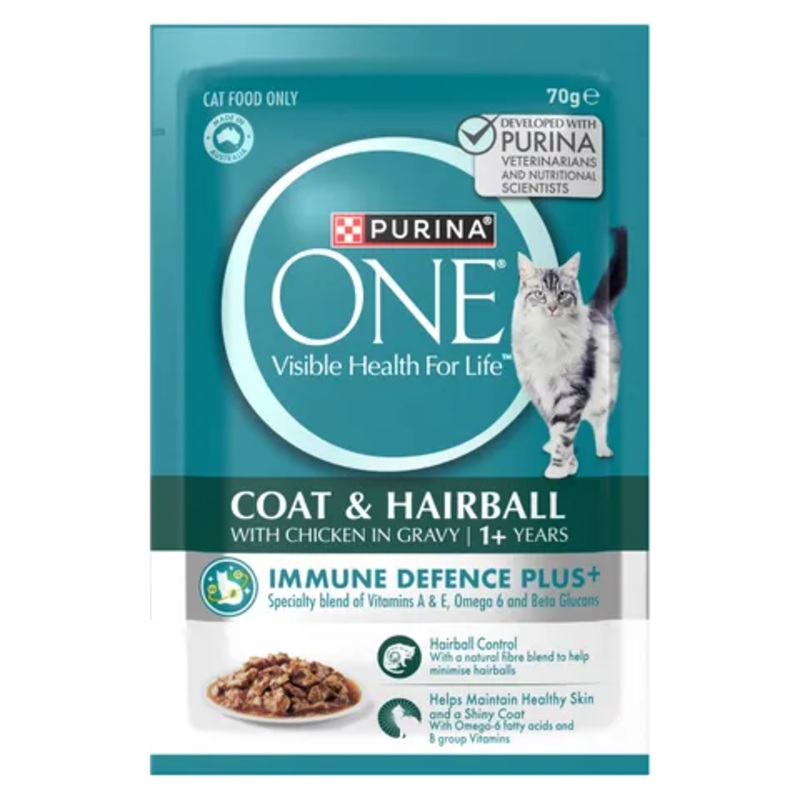 PURINA ONE ADULT COAT AND HAIRBALL WITH CHICKEN IN GRAVY WET POUCH 12X70G