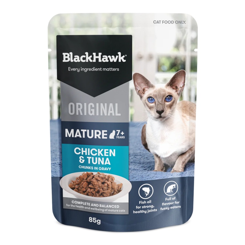 Black Hawk Mature 7+ Pouches Chicken & Tuna In Gravy Cat Food 12x85g