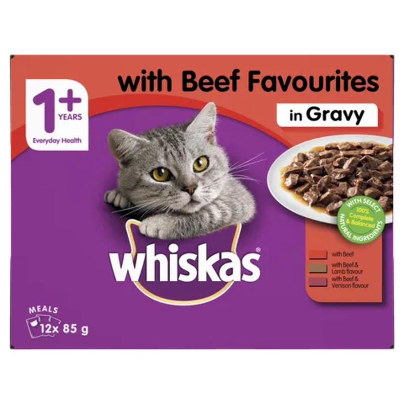WHISKAS FAVOURITES BEEF IN GRAVY MVMS 12X85G