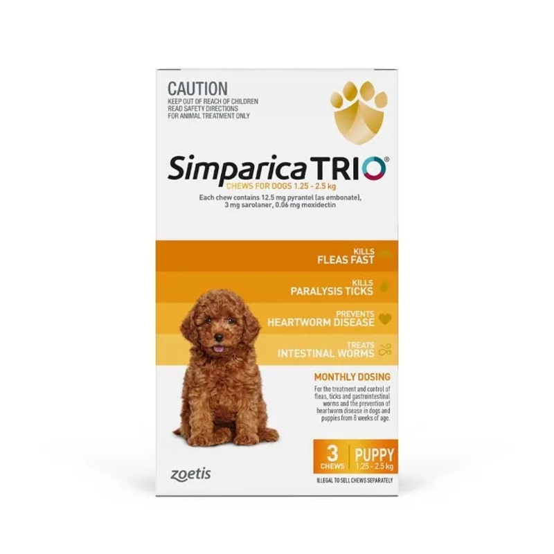 Simparica Trio Yellow for Puppies and Dogs 1.25-2.5kg 3pk