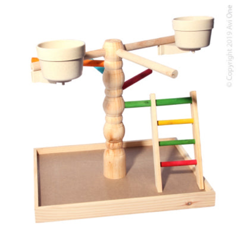 Avi One Parrot Wooden Play Gym With Spiral Steps And Feeders