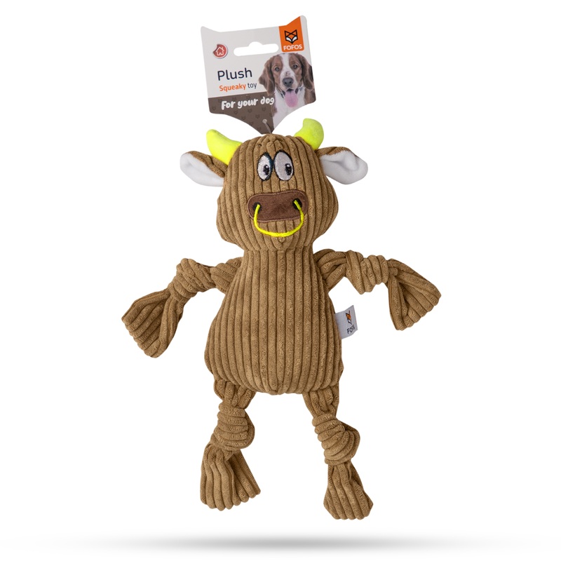 BarkButler x Fofos Fluffy Cow Stuffed Soft Squeaky Plush Dog Toy- Brown