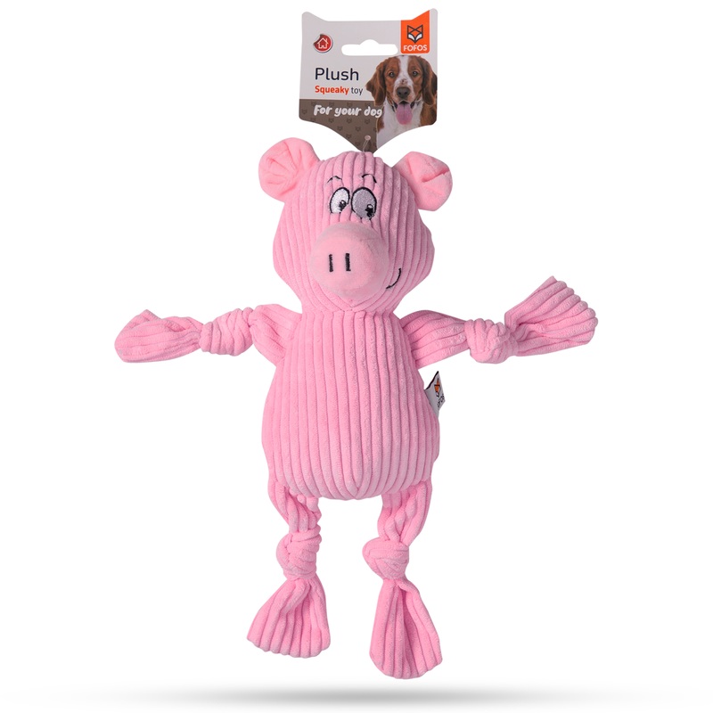 BarkButler x FOFOS Fluffy Pink Pig, Knotted Legs Squeaky Plush Dog Toy