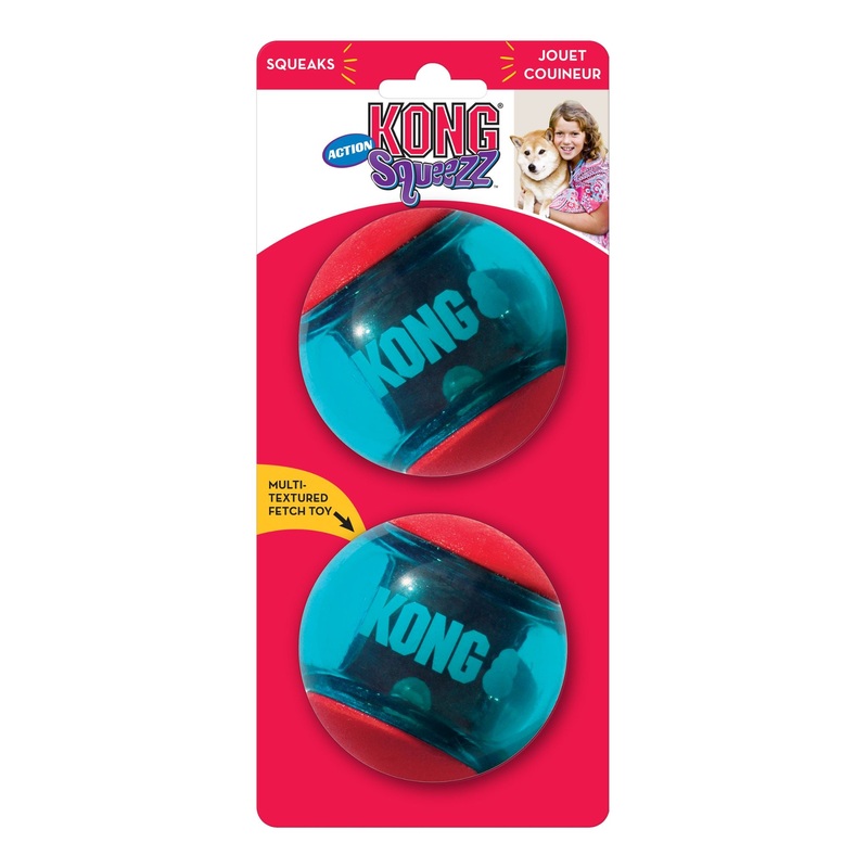KONG Squeezz Action Ball  Bouncy, Textured & Squeaky 2Pk Dog Toy
