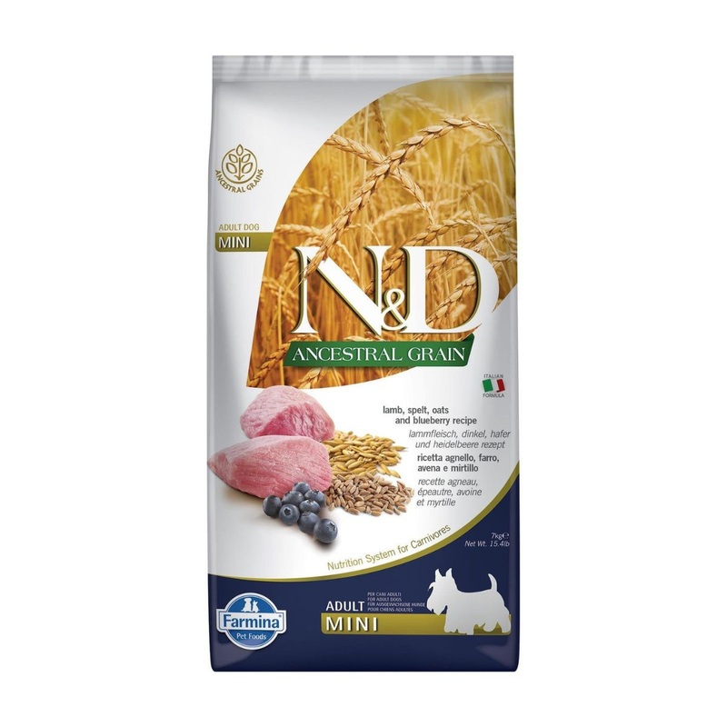 Farmina N&D Ancestral Grain Dry Dog Food – Blueberry & Lamb Mini Kibble – 15.4lb