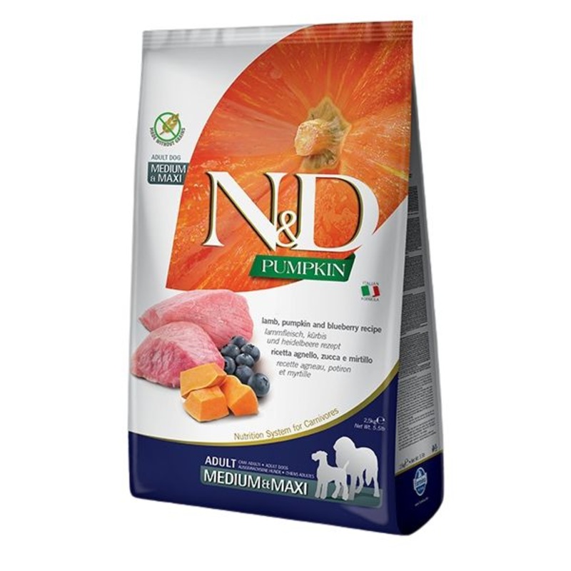 Farmina N&D Pumpkin Grain-Free Dry Dog Food – Lamb & Blueberry, Medium/Maxi Kibble – 5.5lb