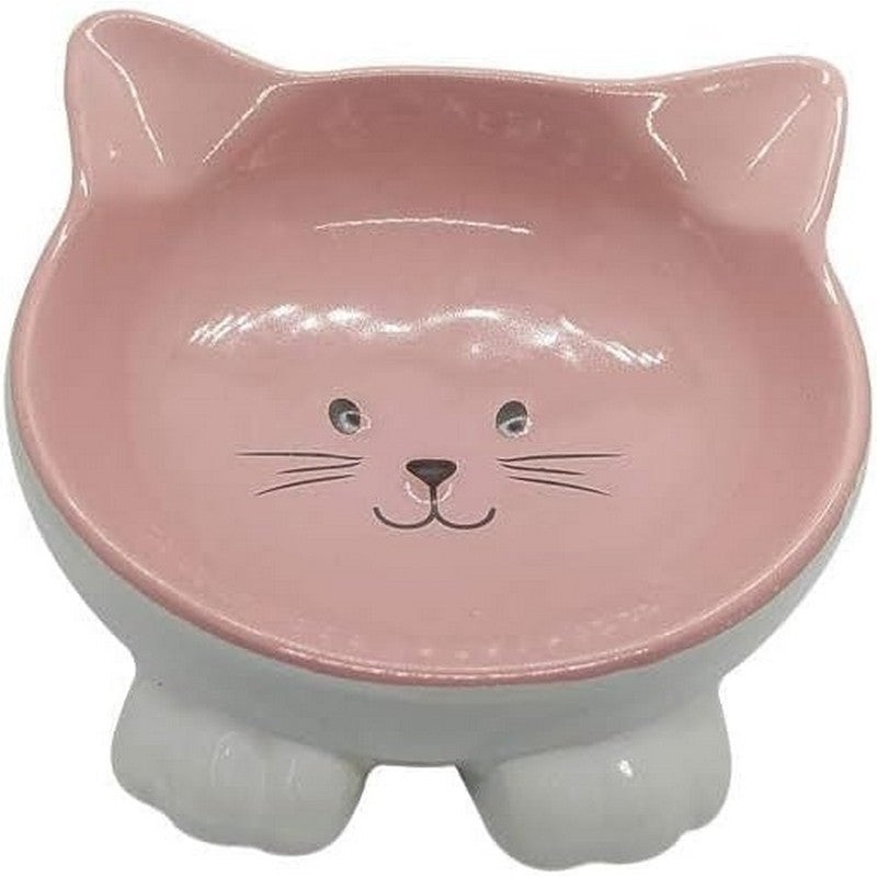 Indipets Pawsome Pottery Cat Face Pink Bowl