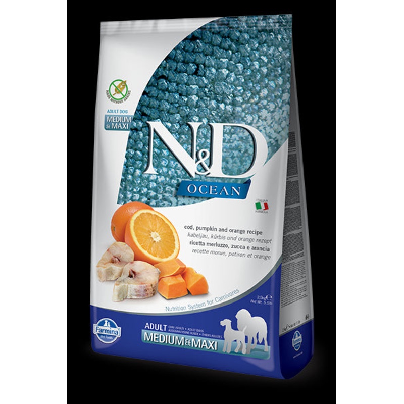 Farmina N&D Ocean Grain-Free Dry Dog Food – Cod, Pumpkin, & Orange, Medium/Maxi Kibble – 26.4lb