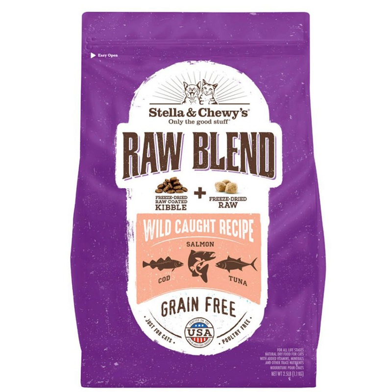 Stella & Chewy’s Raw Blend Kibble Dry Cat Food – Wild Caught Cod, Salmon, & Tuna – 5lb Bag
