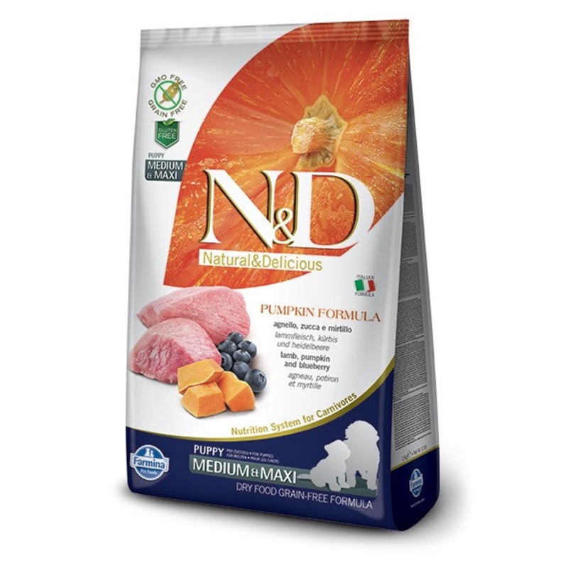 Farmina N&D Pumpkin Grain-Free Grain Puppy Dry Dog Food – Lamb & Blueberry, Medium/Maxi Kibble – 26.4lb