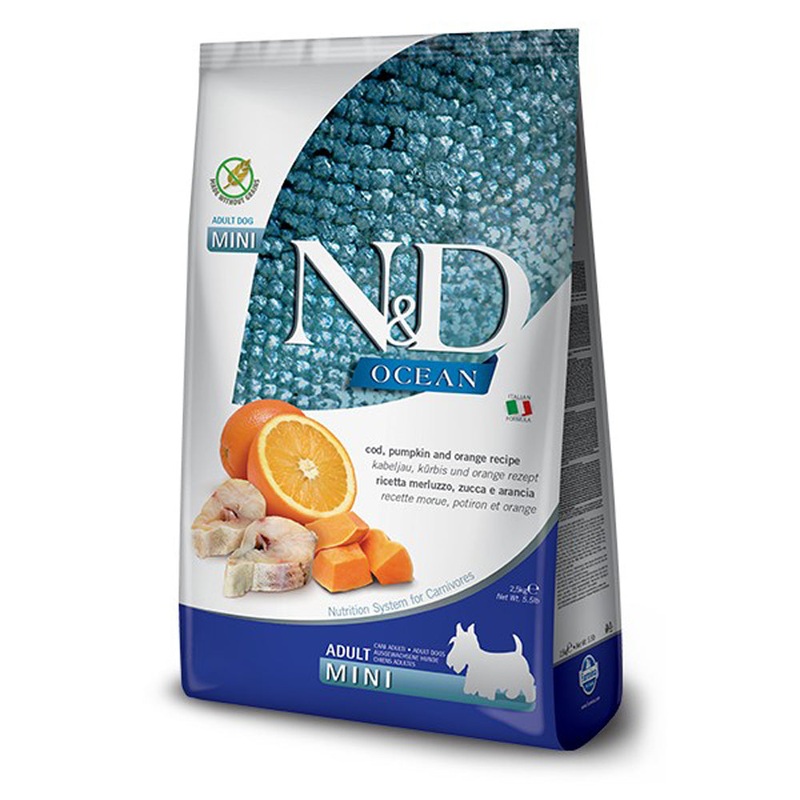 Farmina N&D Ocean Grain-Free Dry Dog Food – Cod, Spelt, Oats, & Orange, Mini Kibble – 5.5lb