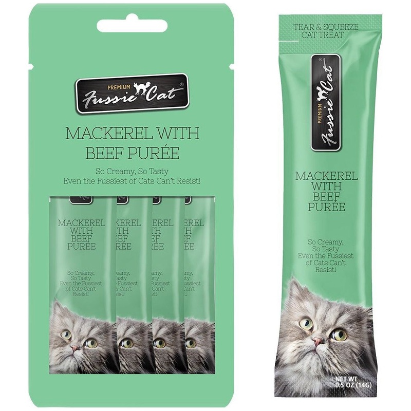 Fussie Cat Mackerel Beef Puree Lickable Cat Treats 4 Pk