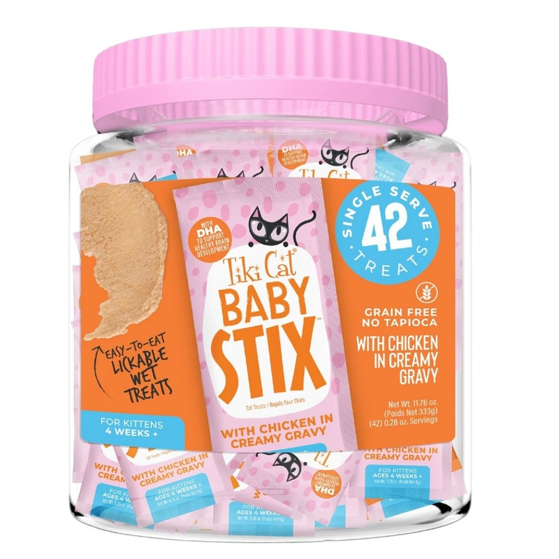 Tiki Cat Baby Stix Wet Treats with Chicken in Creamy Grave 0.28oz Sachets 42 Count Jar