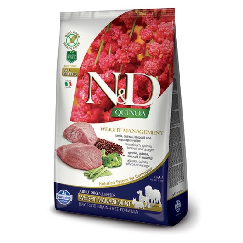 Farmina N&D Quinoa Weight Management Dry Dog Food –  Lamb, Quinoa, Broccoli & Asparagus – 5.5lb Bag