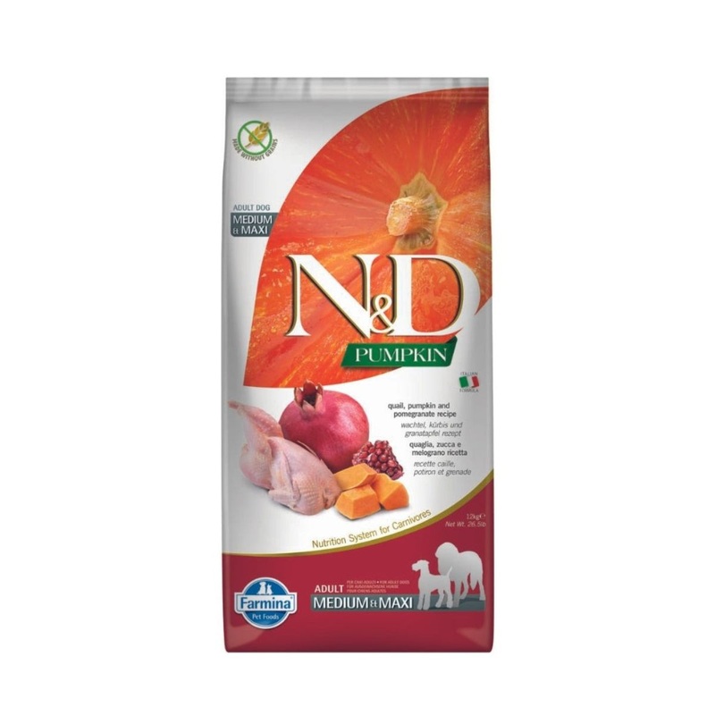 Farmina N&D Pumpkin Grain-Free Dry Dog Food – Quail & Pomegranate, Medium/Maxi Kibble – 26.4lb