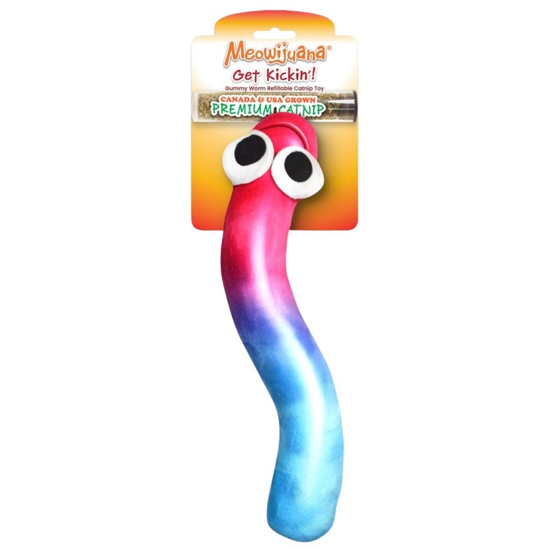 Meowijuana Get Kickin’ Refillable Gummy Worm Pink Blue Cat Toy