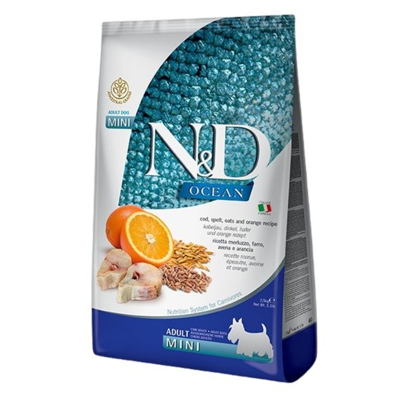 Farmina N&D Ocean Grain-Free Dry Dog Food – Cod, Spelt, Oats, & Orange, Mini Kibble – 5.5lb Bag