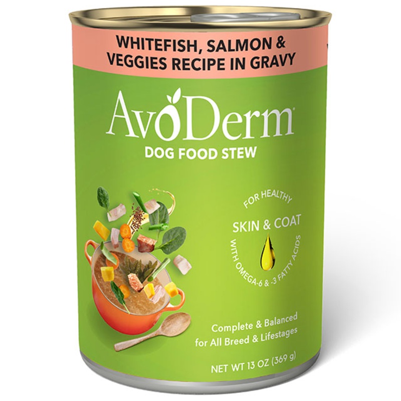AvoDerm Grain-Free Wet Dog Food – Whitefish, Salmon & Veggies Recipe In Gravy Stew – 13oz Can