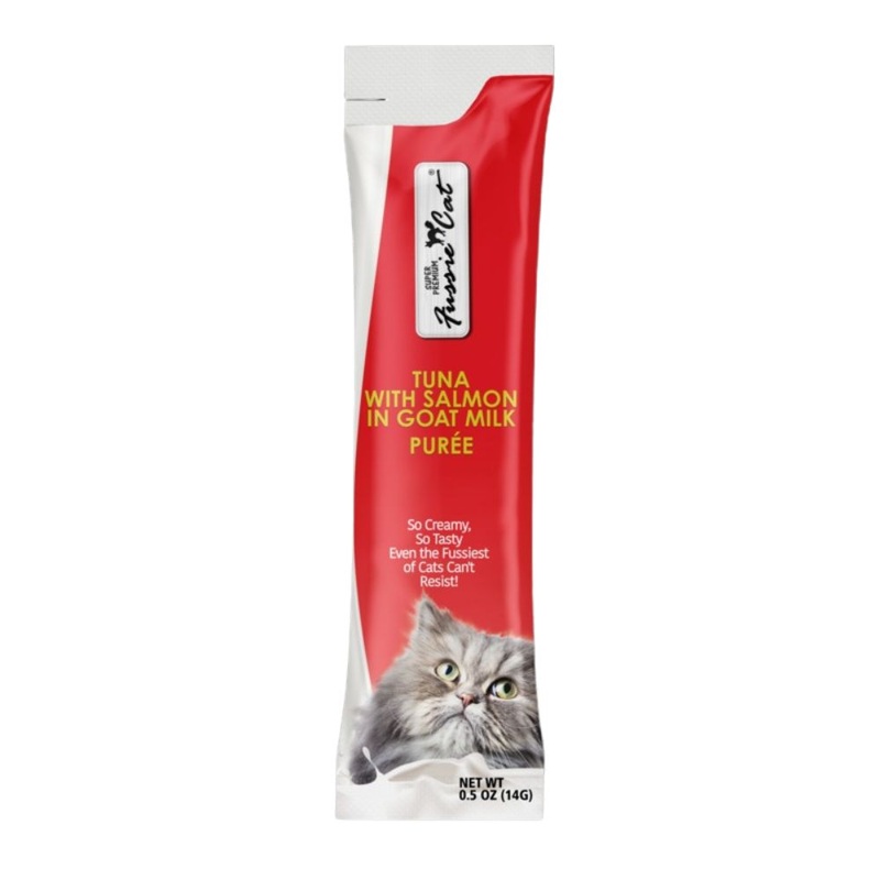 Fussie Cat Tuna Salmon in Goat Milk Puree Cat Treats 4Pk