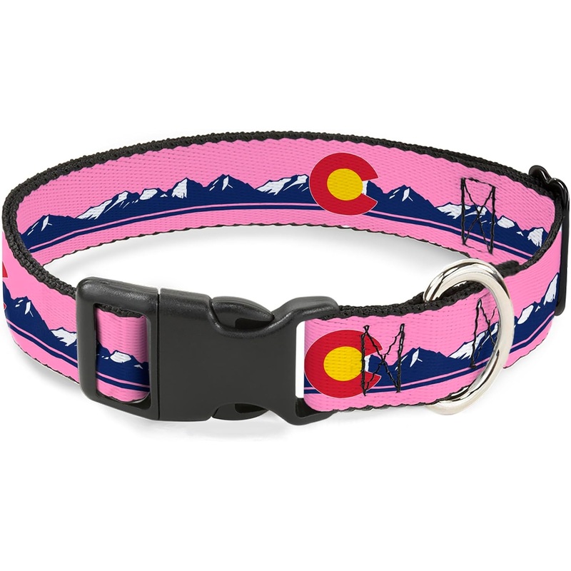 Buckle-Down Pet Collar, Colorado Flag Icon Mountain Skyline Pink Blue White, 13 – 17