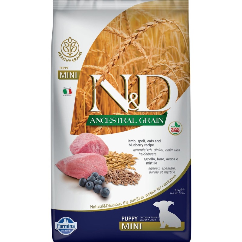 Farmina N&D Ancestral Grain Puppy Dry Dog Food – Lamb & Blueberry, Mini Kibble – 5.5lb