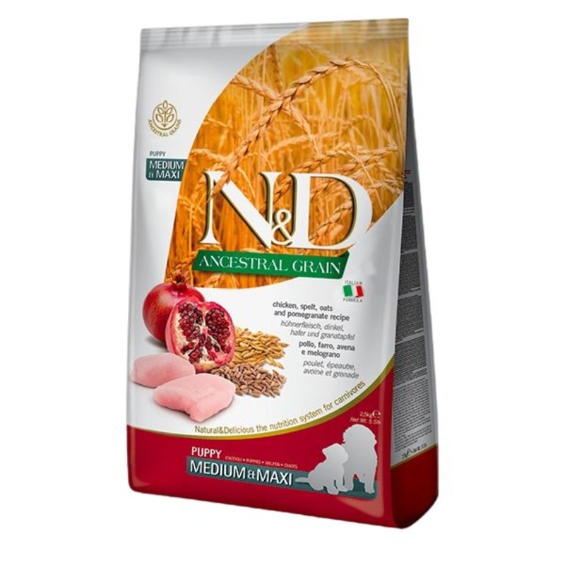 Farmina N&D Ancestral Grain Puppy Dry Dog Food – Chicken Pomegranate, Medium/Maxi Kibble – 26.5lb