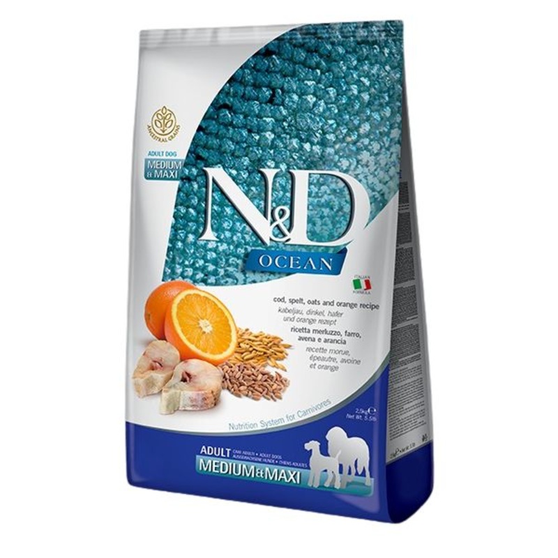 Farmina N&D Ocean Grain-Free Dry Dog Food – Cod, Spelt, Oats, & Orange, Medium/Maxi Kibble – 5.5lb Bag