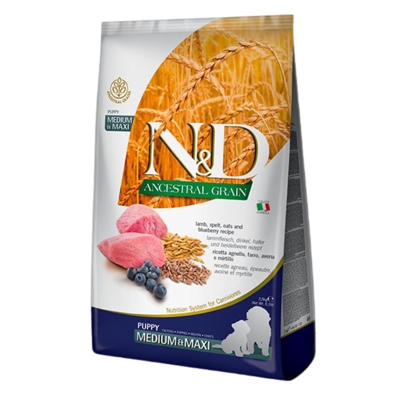 Farmina N&D Ancestral Grains Puppy Dry Dog Food – Lamb & Blueberry, Medium/Maxi Kibble – 5.5lb