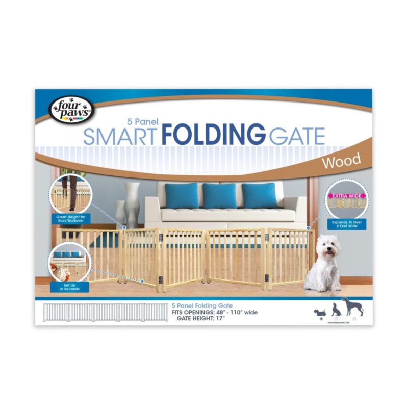 Four Paws Smart Folding Free Standing 5-Panel Wood Dog Gate, 48-110 W by 17 H