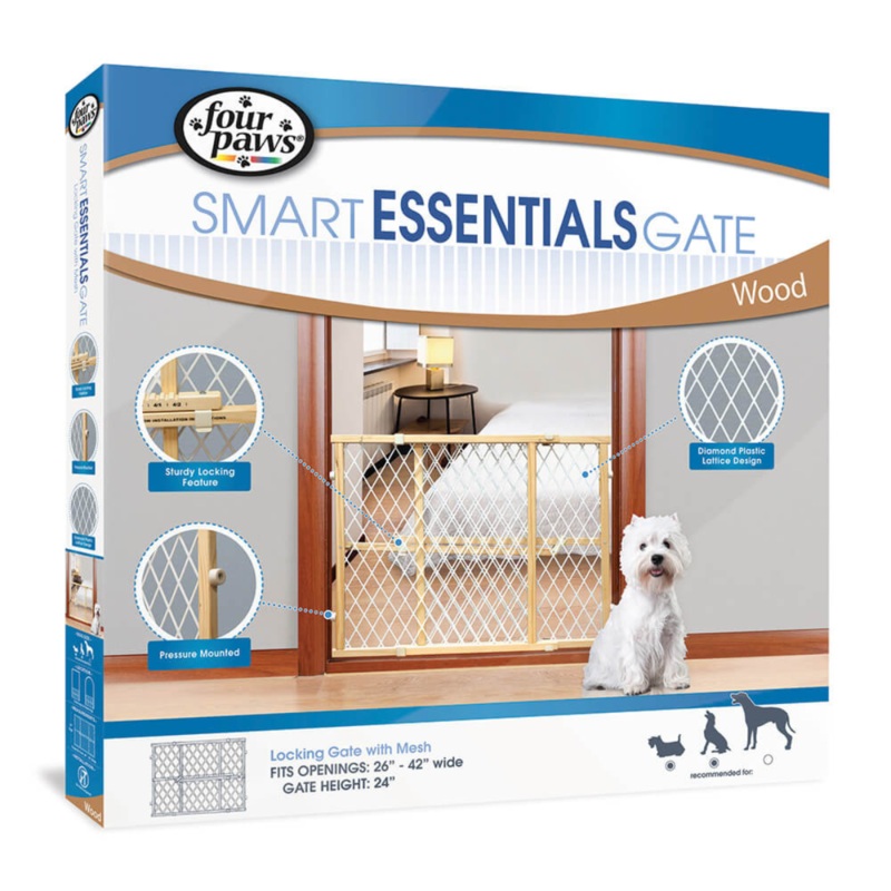 Four Paws Wood Frame Dog Gate With Plastic Mesh, 26-42 W by 24 H
