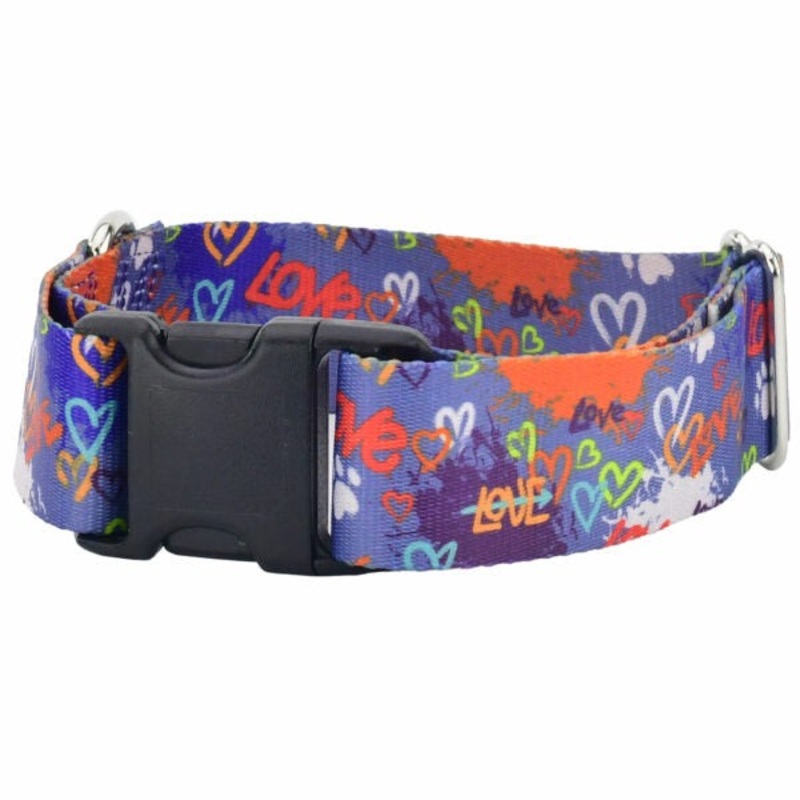 2 Hounds Design Love Graffiti Blue Dog Collar Small