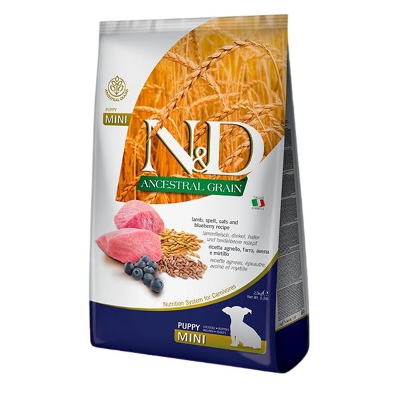 Farmina N&D Ancestral Grain Puppy Dry Dog Food – Lamb & Blueberries, Mini Kibble – 15.4lb
