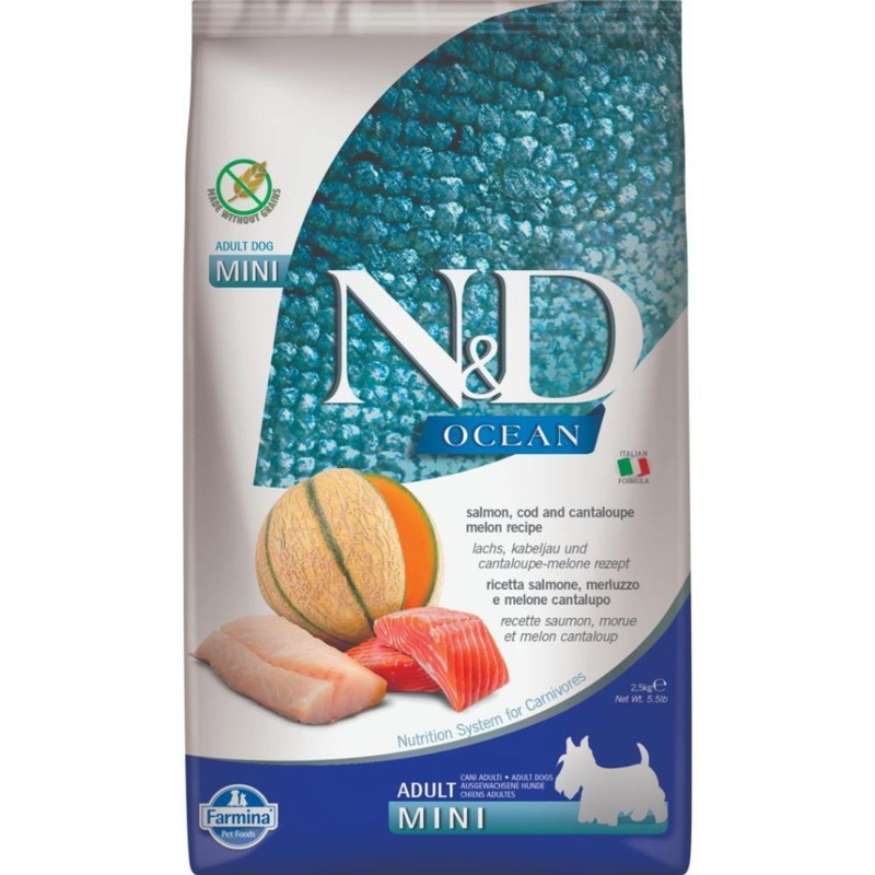 Farmina N&D Ocean Grain-Free Dry Dog Food  Salmon, Cod, & Cantaloupe, Mini Kibble – 5.5lb Bag