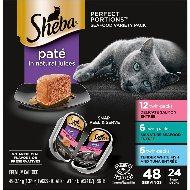 SHEBA PERFECT PORTIONS Pat Adult Wet Cat Food Trays (24 Count, 48 Servings), Signature Seafood Entre, Easy Peel Twin-Pack Trays