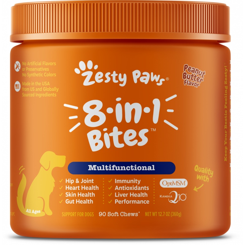 Zesty Paws 8-in-1 Multifunctional Vitamins Glucosamine Chondroitin & Probiotics Peanut Butter Flavor Soft Chews for Dogs