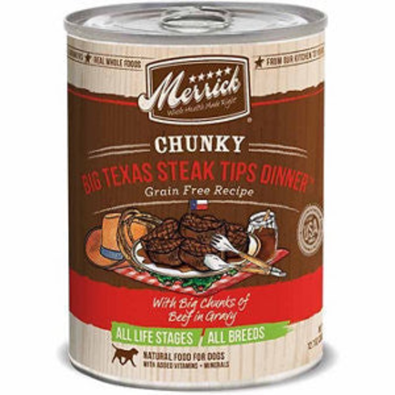 Merrick Chunky Grain-Free Big Texas Steak Tips Dinner Canned Dog Food, 12.7-oz, case of 12
