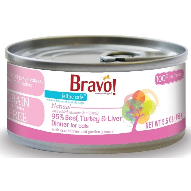 Bravo! Feline Cafe 95% Beef, Turkey & Liver Dinner Grain-Free Canned Cat Food, 5.5-oz, case of 24