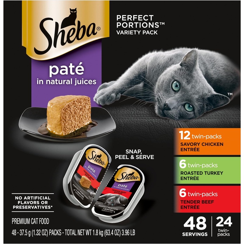 SHEBA Perfect Portions Pat Wet Cat Food Trays (24 Count, 48 Servings), Savory Chicken, Roasted Turkey, and Tender Beef Entre, Easy Peel Twin-Pack Trays